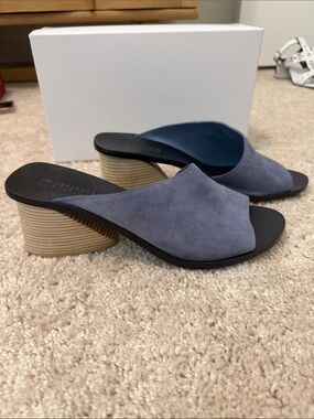 MERCEDES CASTILLO Slate Blue Suede Open-Toe Block Heel Mules